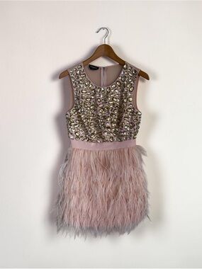 bebe Pink Feathered Rhinestone Mini‎ Dress Party Dress Size 4